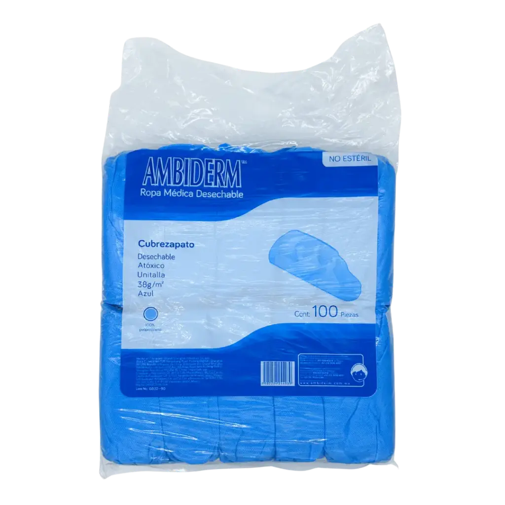 CUBREZAPATO DE TELA SMS DE 38 G, LISO, AZUL, 100 PZAS, AMBIDERM