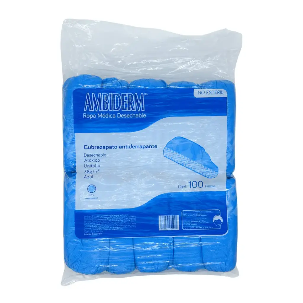 CUBREZAPATO DE TELA SMS DE 38 G, C/ ANTIDERRAPANTE, AZUL, 100 PZAS, AMBIDERM