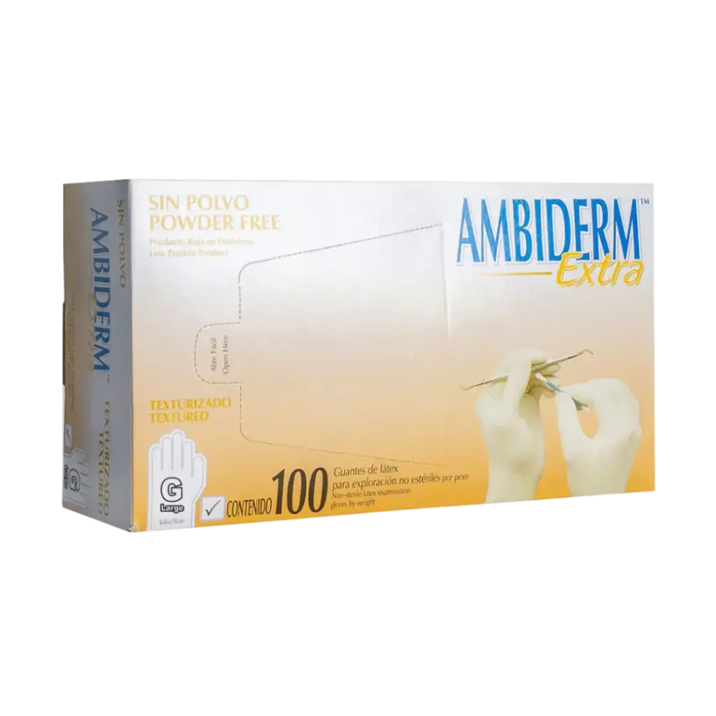 GUANTE DE LATEX NO ESTERIL "EXTRA", GRANDE, LIBRE DE POLVO, BLANCO, 100 PZAS, AMBIDERM