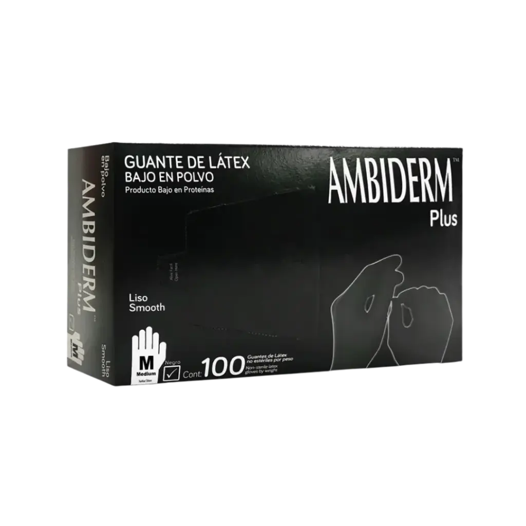 GUANTE DE LATEX NO ESTERIL "PLUS", GRANDE, BAJO EN POLVO, NEGRO, 100 PZAS, AMBIDERM