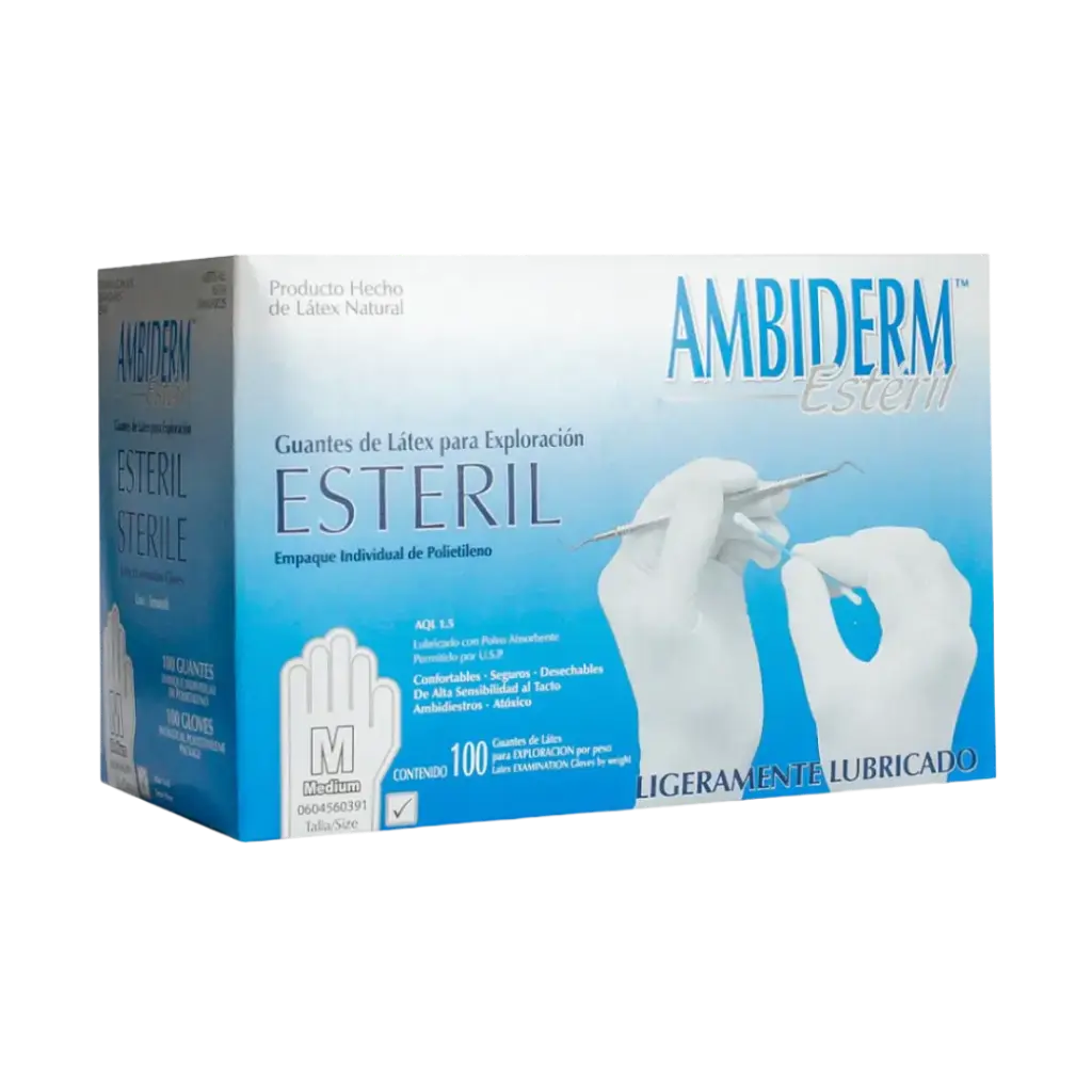 GUANTE DE LATEX ESTERIL, MEDIANO, EMPACADO INDIVIDUALMENTE, BAJO EN POLVO, BLANCO, 100 PZAS, AMBIDERM