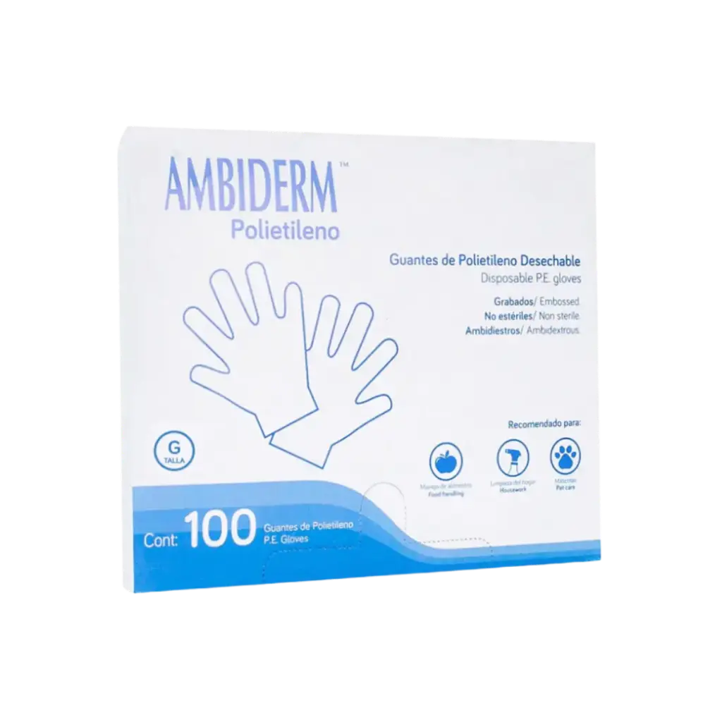GUANTE DE POLIETILENO NO ESTERIL, MEDIANO, LIBRE DE POLVO, TRANSPARENTE, 100 PZAS, AMBIDERM