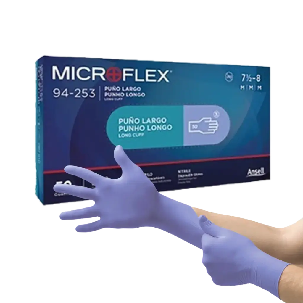 GUANTE DE NITRILO NO ESTERIL, CHICO, PUÑO LARGO, PROTEECION AVANZADA, LIBRE DE POLVO, AZUL VIOLETA, 50 PZAS, MICROFLEX