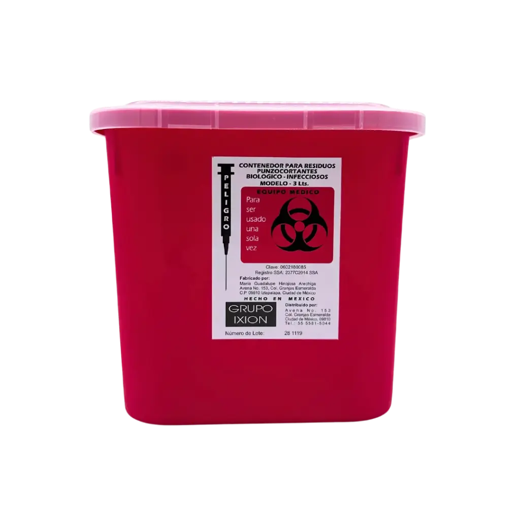 CONTENEDOR PARA PUNZOCORTANTES RPBI DE PP, 4 LITROS, C/ SEPARADOR DE AGUJAS, ROJO, IXION