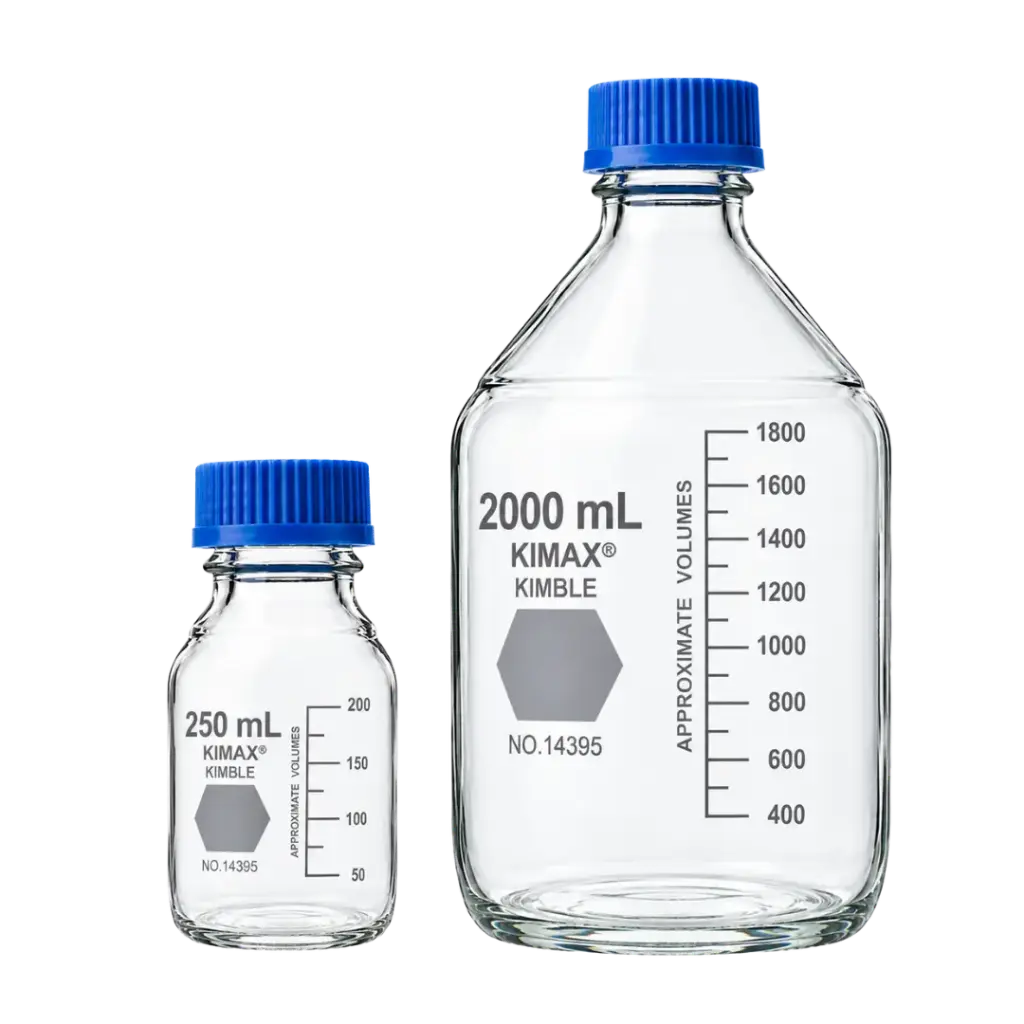 FRASCO/BOTELLA GL45, 100 ML, GRADUADO, C/TAPA AZUL Y ANILLO DE PP, KIMAX