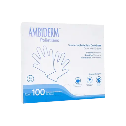[DIM102112-M] GUANTE DE POLIETILENO NO ESTERIL, MEDIANO, LIBRE DE POLVO, TRANSPARENTE, 100 PZAS, AMBIDERM